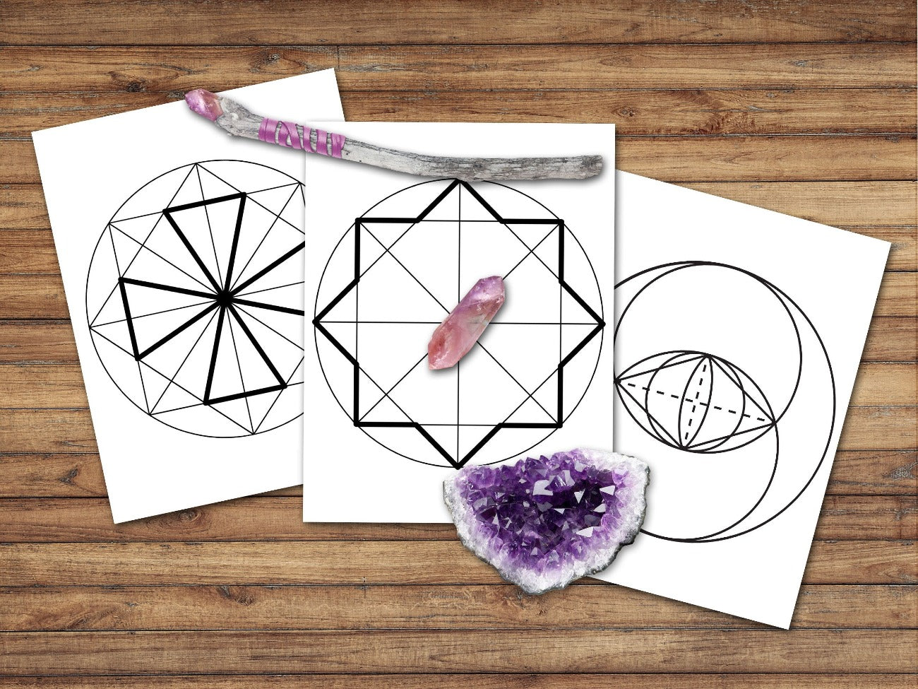 Three crystal grid templates, cross, star vesica piscis sacred geometry shapes - Morgana Magick Spell
