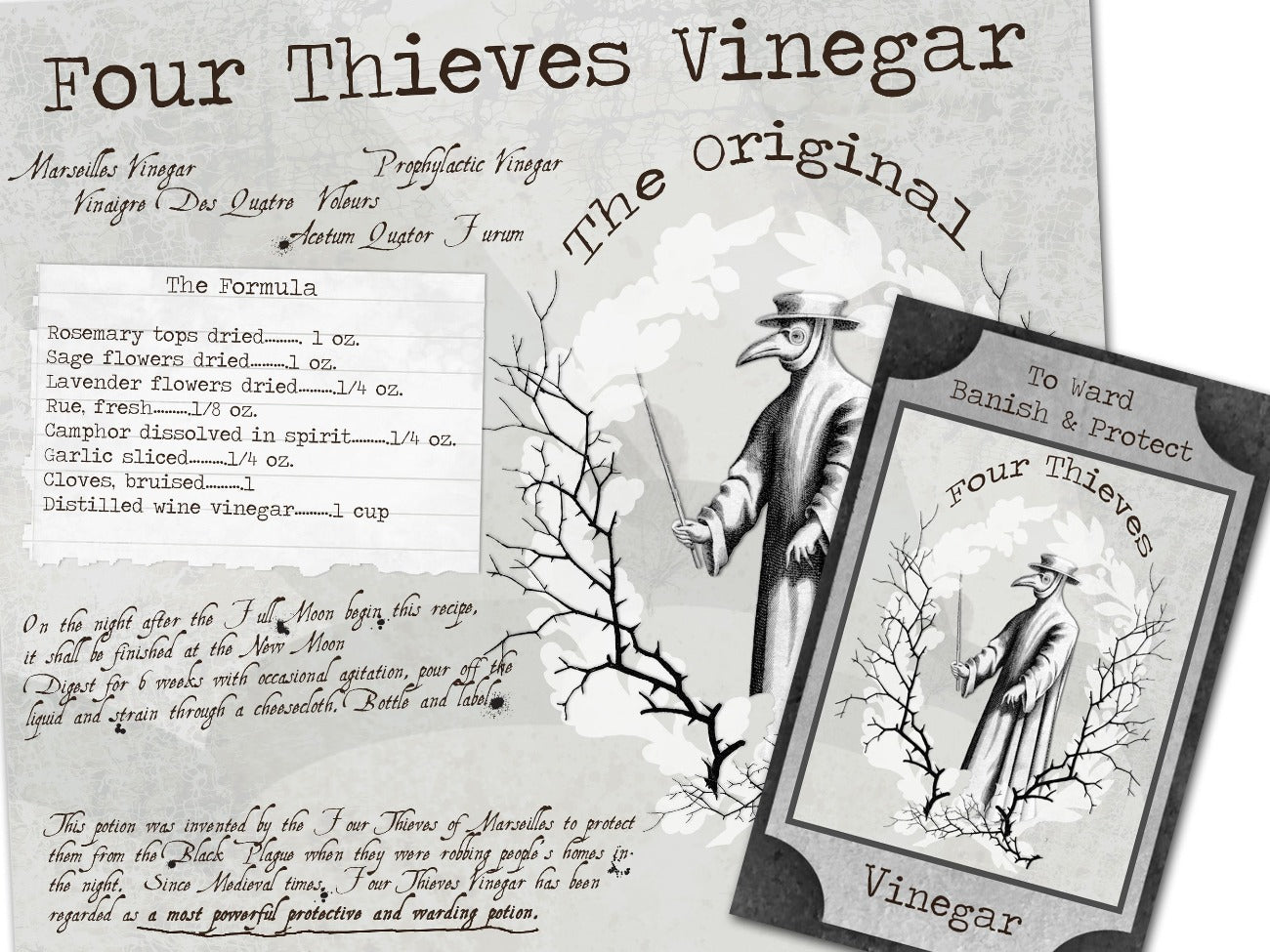 Close-up image of 4 THIEVES VINEGAR Recipe Printable and the potion bottle lable - Morgana Magick Spell