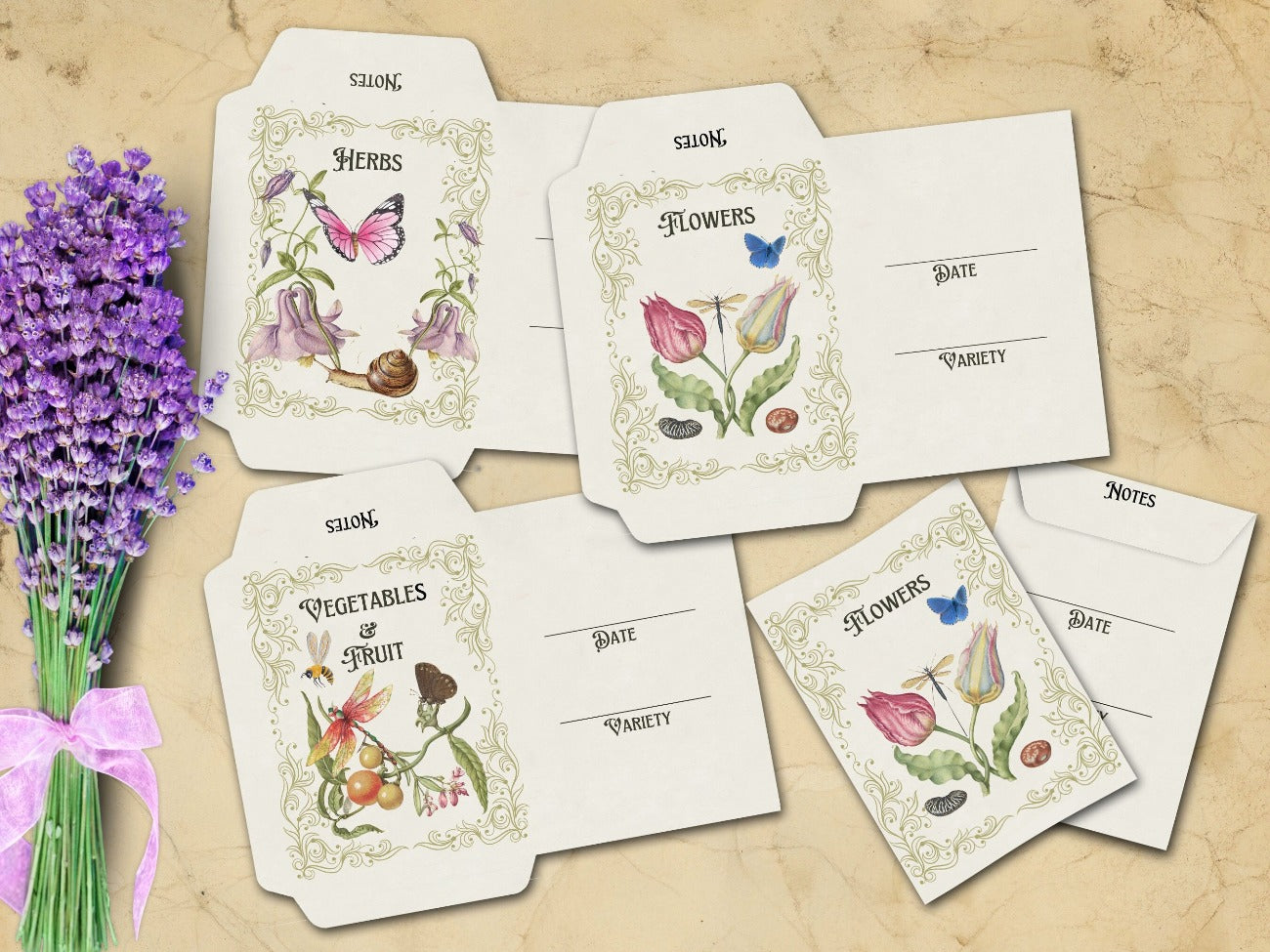 Three printable Green Witch seed packages include one each for herbs, flowers, vegetables, and fruits. Packages have fancy scroll borders, flowers, butterflies and fruits- Morgana Magick Spell