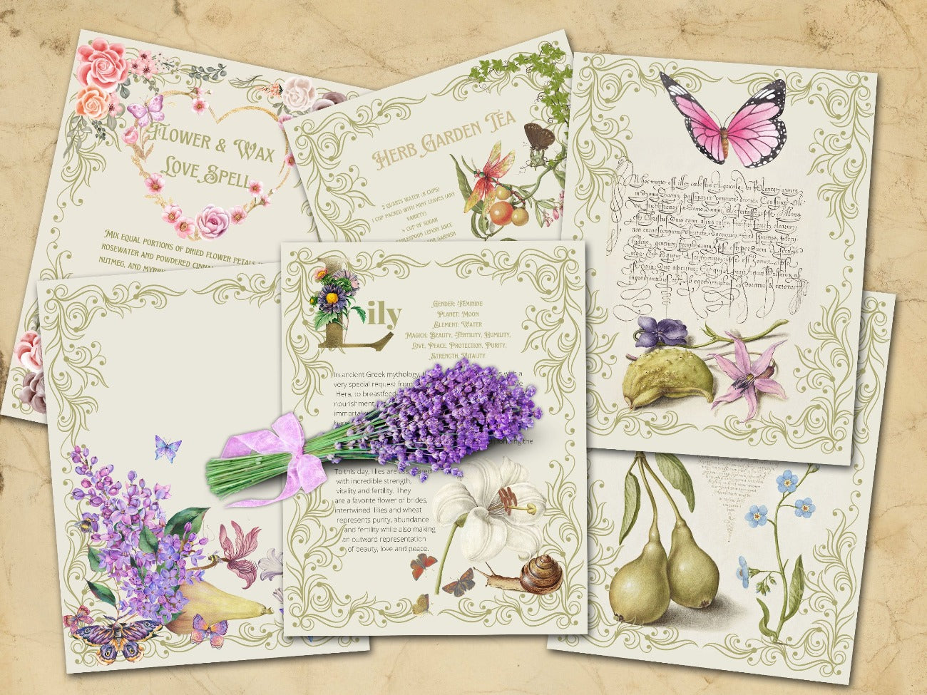 Six Green Witch Journal pages include Lily, 2 fancy floral blank pages, Flower and Wax Love Spell, Herb Garden Tea, and one fancy script floral page - Morgana Magick Spell