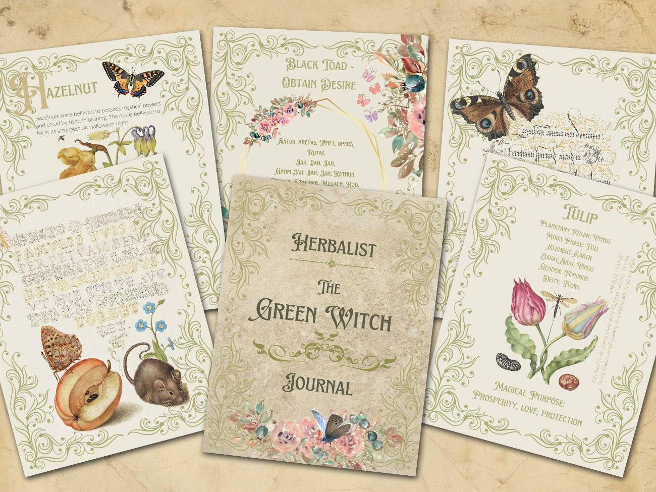 Green Witch Journal front page, hazelnut, tulip, black toad and two fancy scrip ephemera pages - Morgana Magick Spell