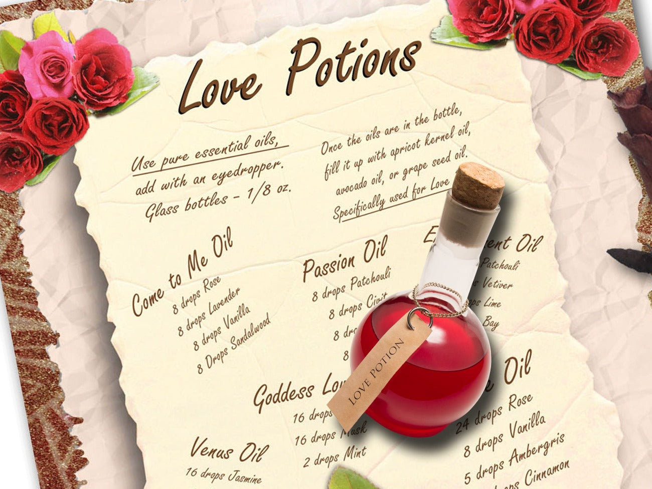 LOVE POTION Recipes, Love Magic Charms, Valentine Love Aromatherapy, Herb Apothecary, Love Essential Oils, Love Potion Number Nine Grimoire - Morgana Magick Spell