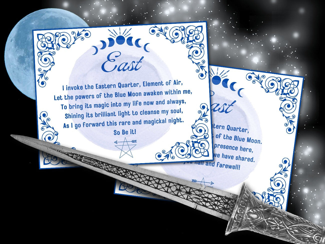 BLUE MOON Call the Quarters, 8 Printable Cards, Cast a Magic Circle, Call and Dismiss Quarters. Wicca Watchtowers, Sacred Space Pentagram - Morgana Magick Spell