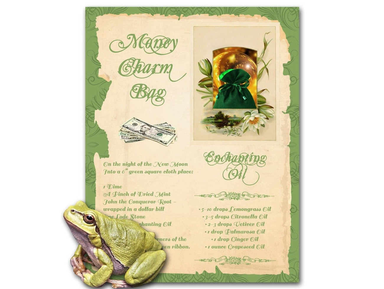 MONEY CHARM BAG, Create Wealth Spell Recipe, Bring Prosperity, Wicca Witchcraft Abundance Attract Money, Green Witch Apothecary Printable - Morgana Magick Spell