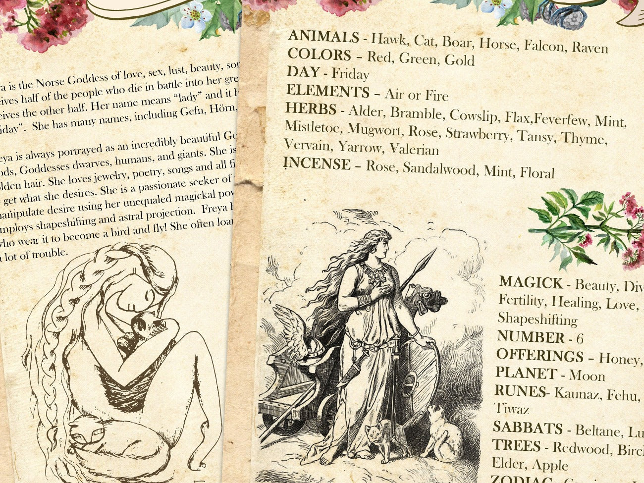 FREYA NORSE GODDESS, 4 Printable Pages, Correspondences, Magic Spell, Fertility Goddess - Morgana Magick Spell