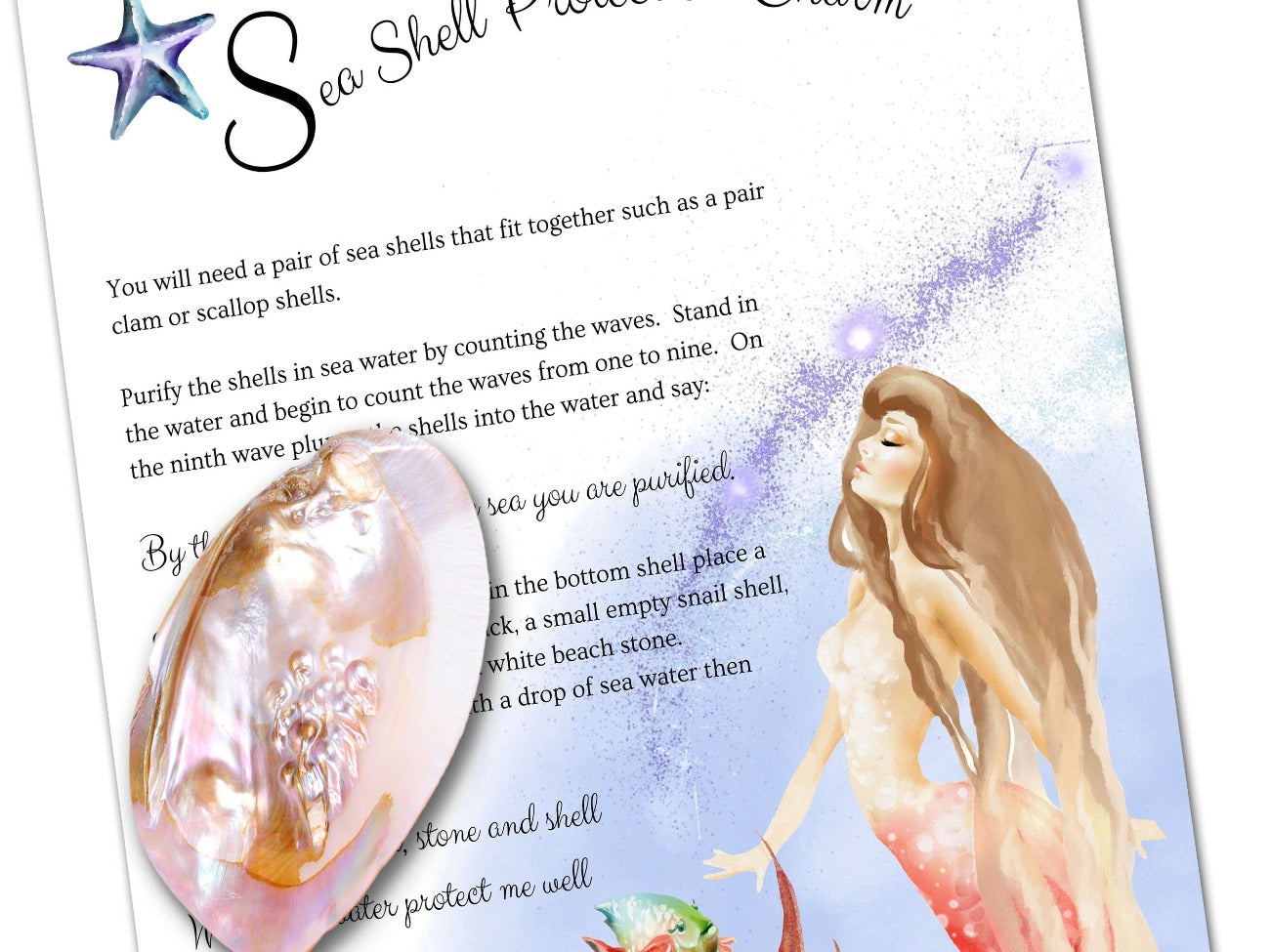 SEASHELL PROTECTION CHARM, Ocean Sea Magic Beach Spell, Mermaid Wave Spell, Sea Witch, Water Witch Goddess Aphrodite Printable Grimoire Page- Morgana Magick Spell