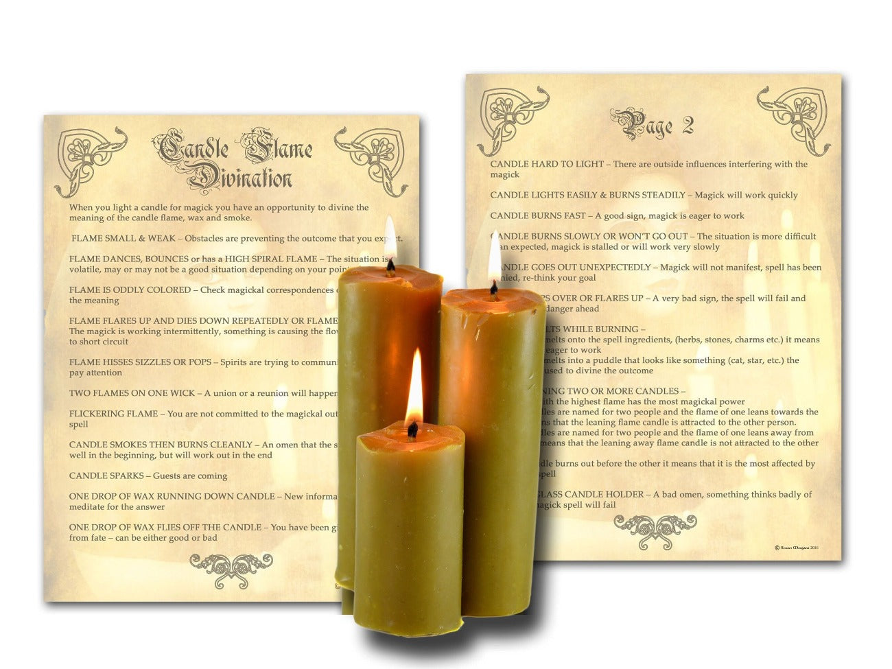 CANDLE FLAME DIVINATION 2 Pages, Witchcraft Candle Burning, Guttering Flickering Candle Flame Meaning, Wicca Candle Magic Dancing Fire Signs - Morgana Magick Spell