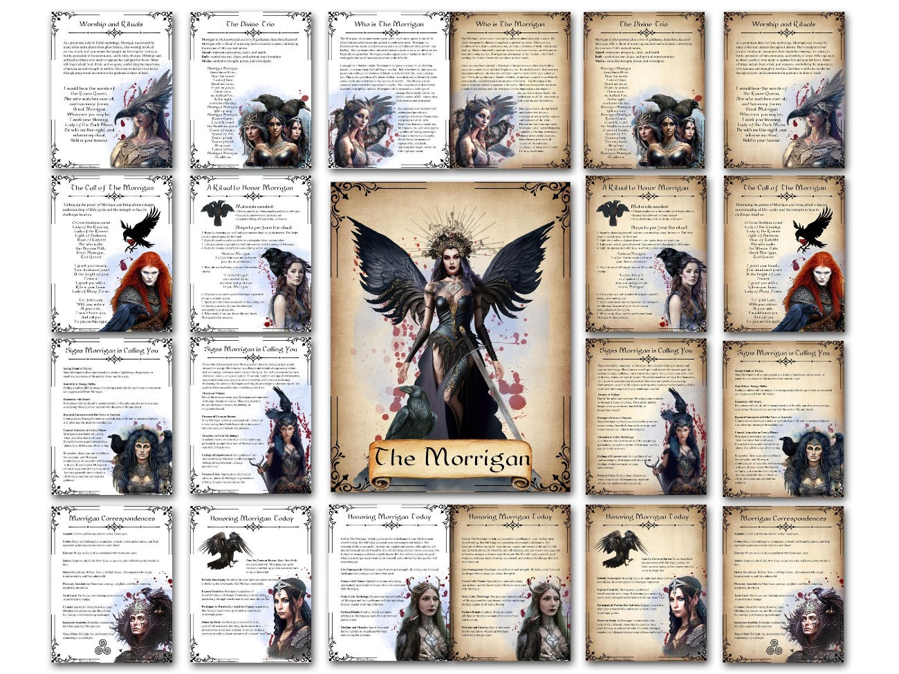 THE MORRIGAN, 11 Printable Spell Book pages, shown with the optional parchment and white backgrounds - Morgana Magick Spell