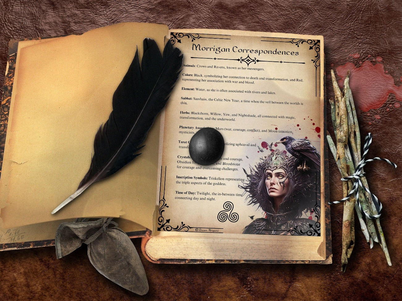 Morrigan Correspondences, Printable Spell Book page, Celtic Mythology Raven Diety, Wicca Dark Goddess Samhain Grimoire, Halloween Altar Prayers - Morgana Magick Spell
