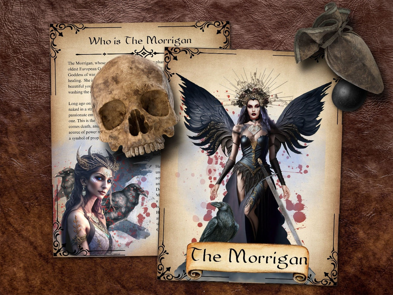 Title Page and Who is the Morrigan, Printable Spell Book pages, Celtic Mythology Raven Diety, Wicca Dark Goddess Samhain Grimoire, Halloween Altar Prayers - Morgana Magick Spell