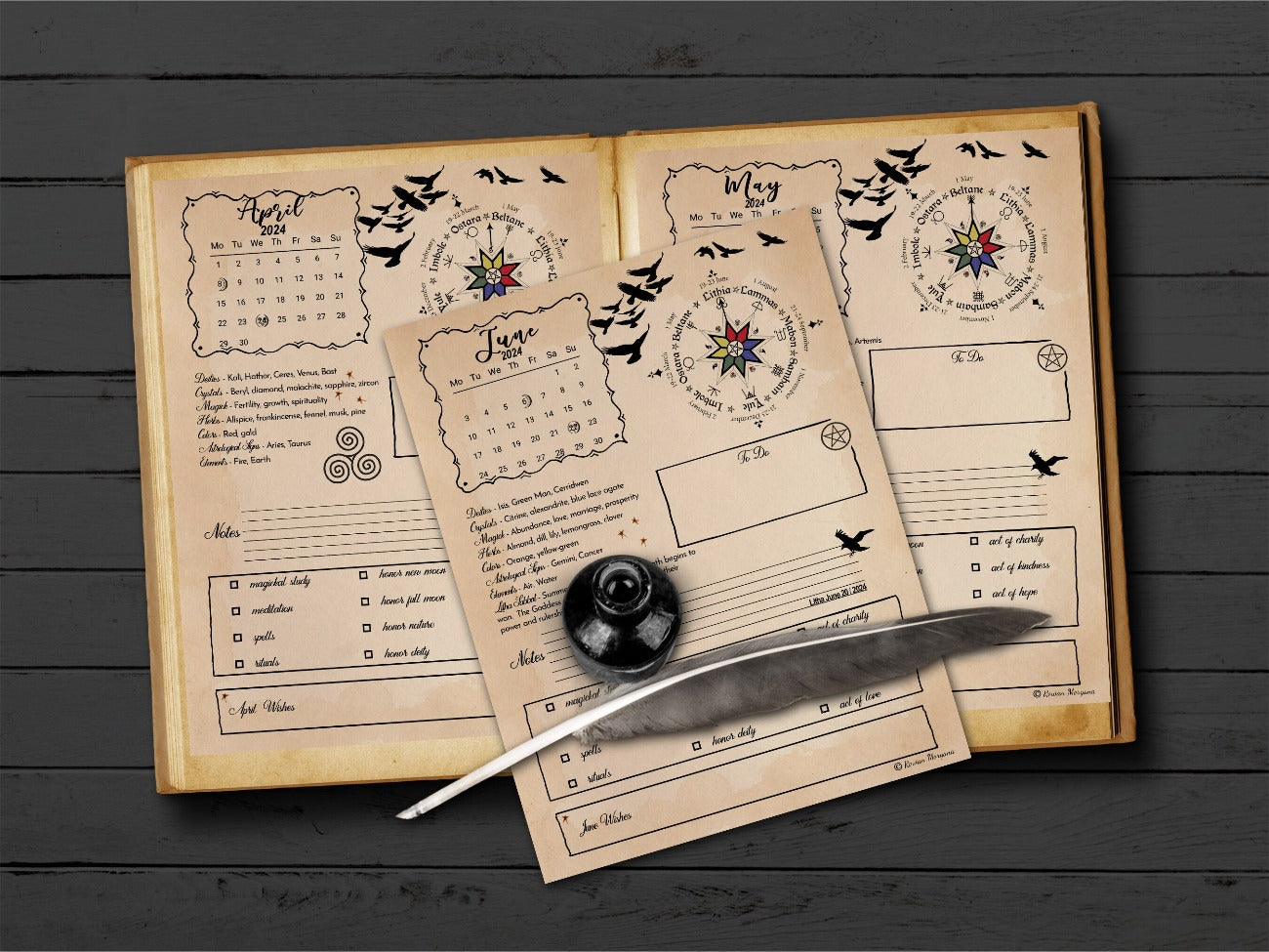 2024 CALENDAR WITCH PLANNER April, May and June parchment pages - Morgana Magick Spell