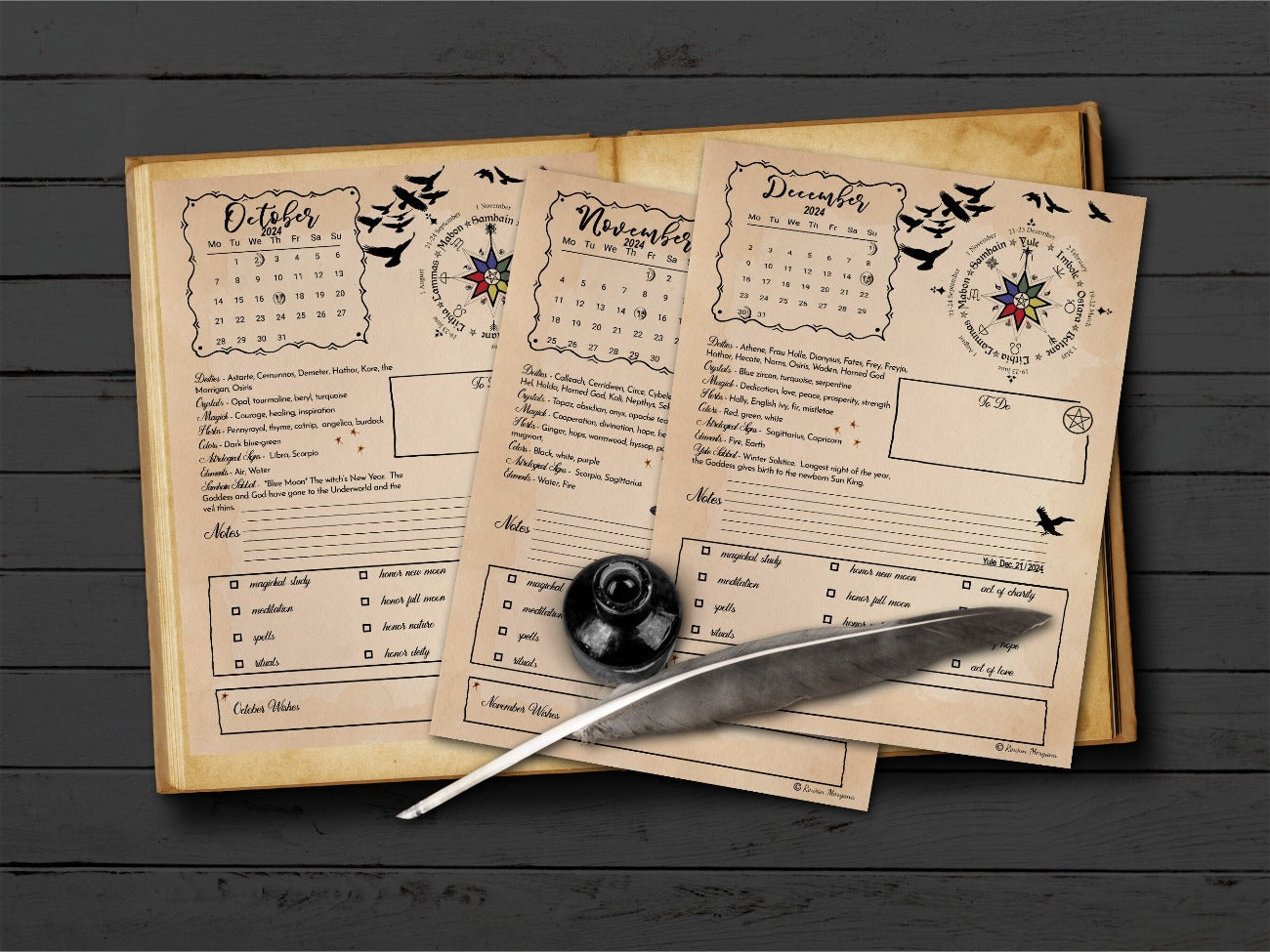 2024 CALENDAR WITCH PLANNER October, November, and December parchment pages - Morgana Magick Spell