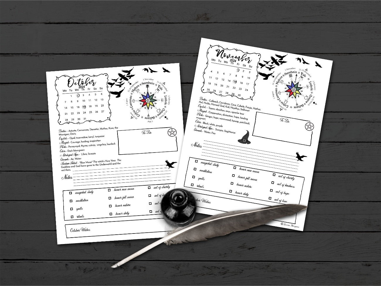 2024 CALENDAR WITCH PLANNER October, and November white background pages - Morgana Magick Spell