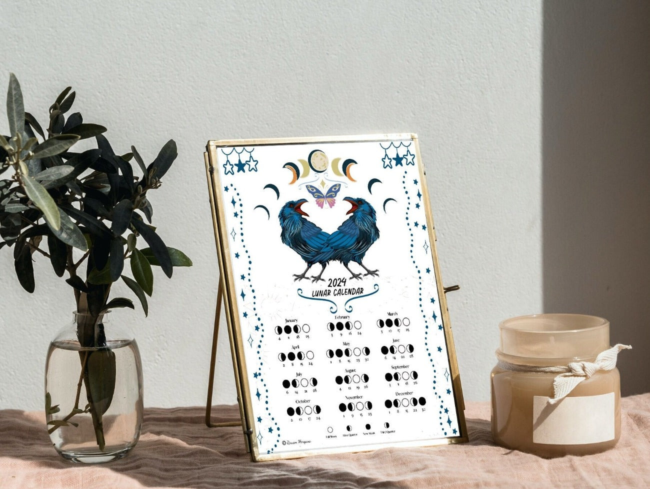 LUNAR CALENDAR 2024, Crow Moon, Wicca Witch Moon Phase Lunar Cycle Chart, Printable Spellbook Page, Makes a Great Gift - Morgana Magick Spell