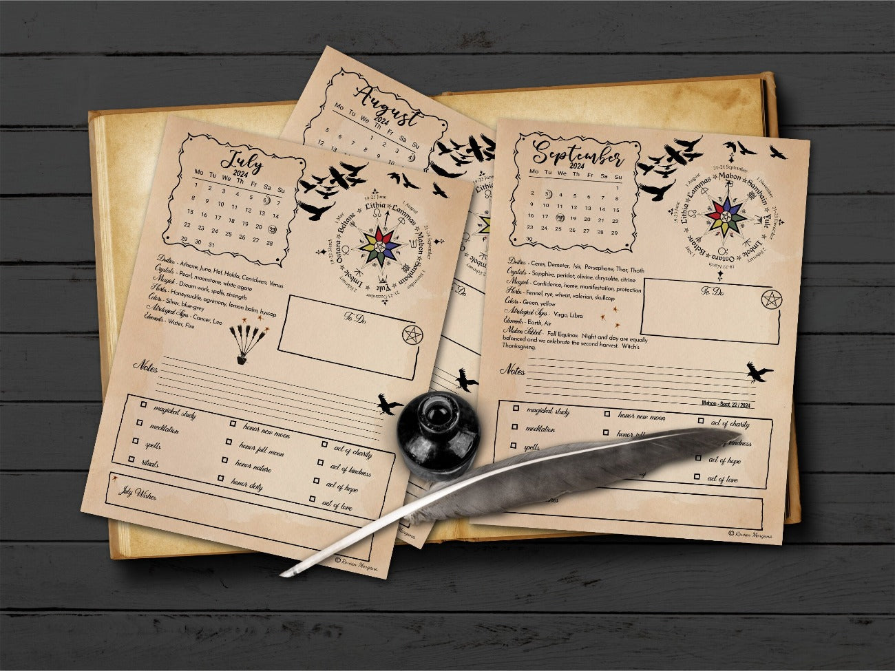 2024 CALENDAR WITCH PLANNER July, August, and September parchment pages - Morgana Magick Spell