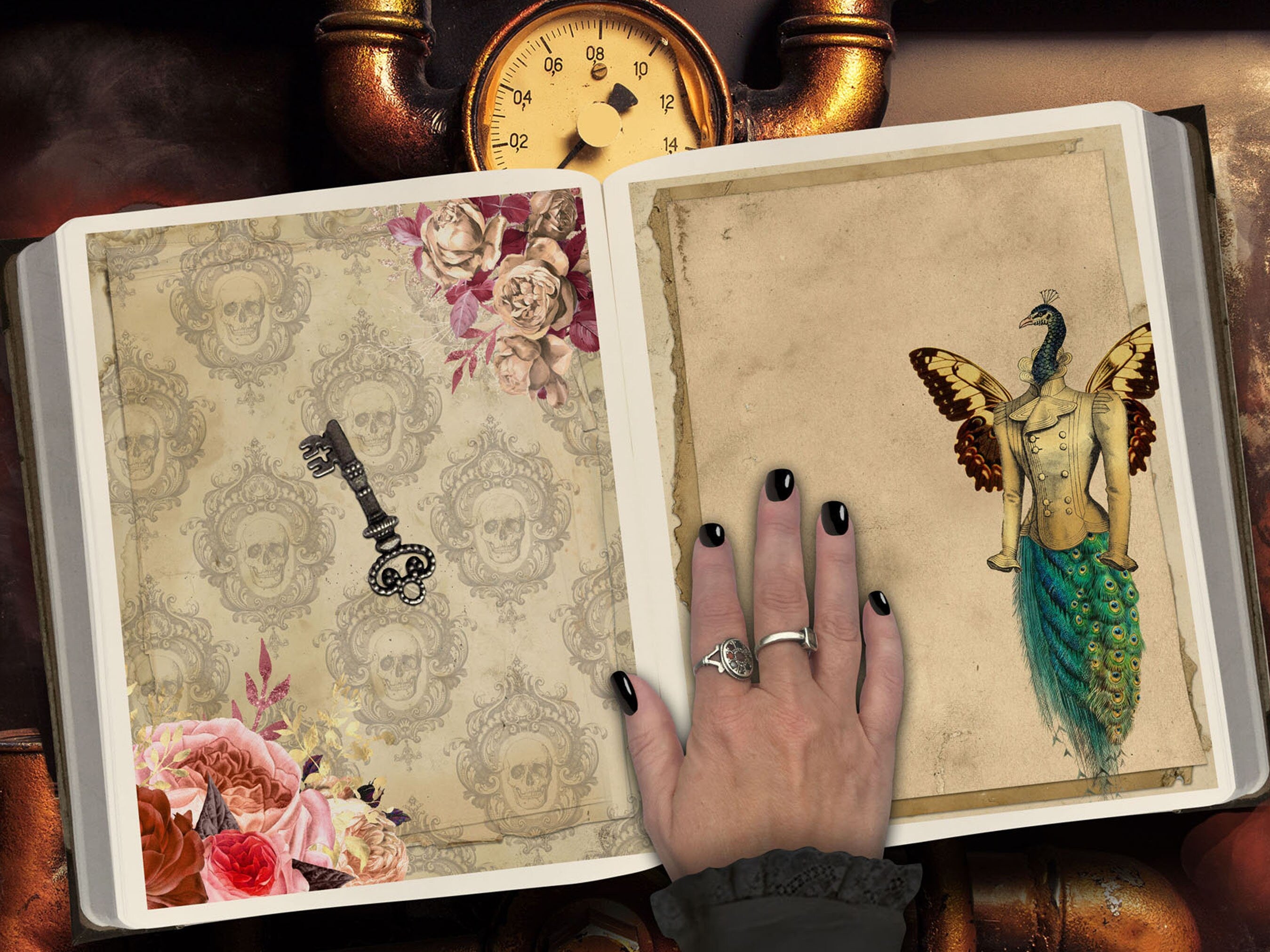 STEAMPUNK JOURNAL 2 Pages, placed in an open spellbook - Morgana Magick Spell