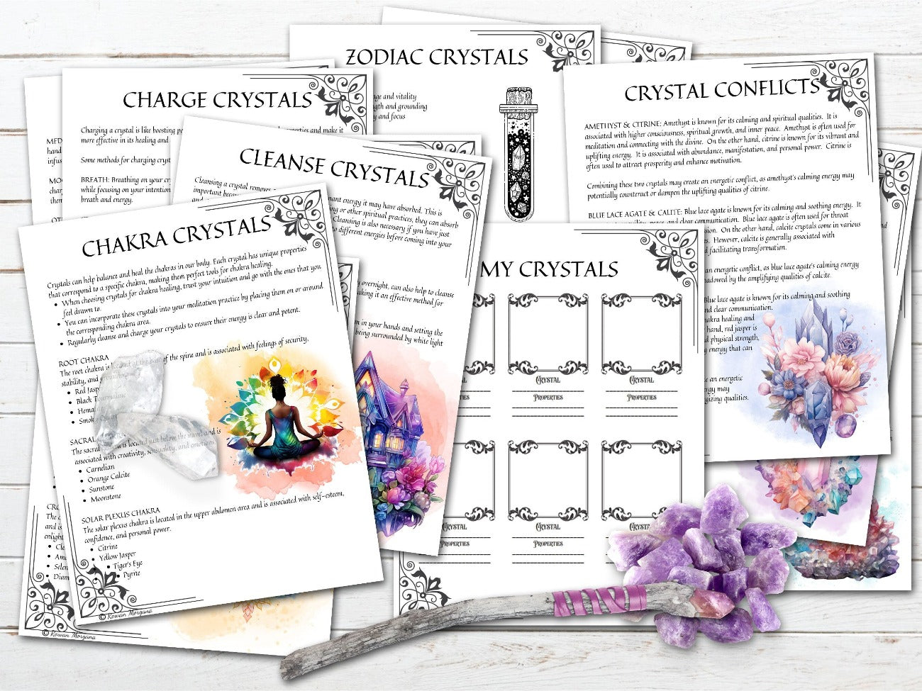 CRYSTAL MAGICK, Cleanse & Charge Crystals, Zodiac Crystals, Crystal Confilcts, Chakra Crystals, & My Crystals Worksheet, Printable pages - Morgana Magick Spell