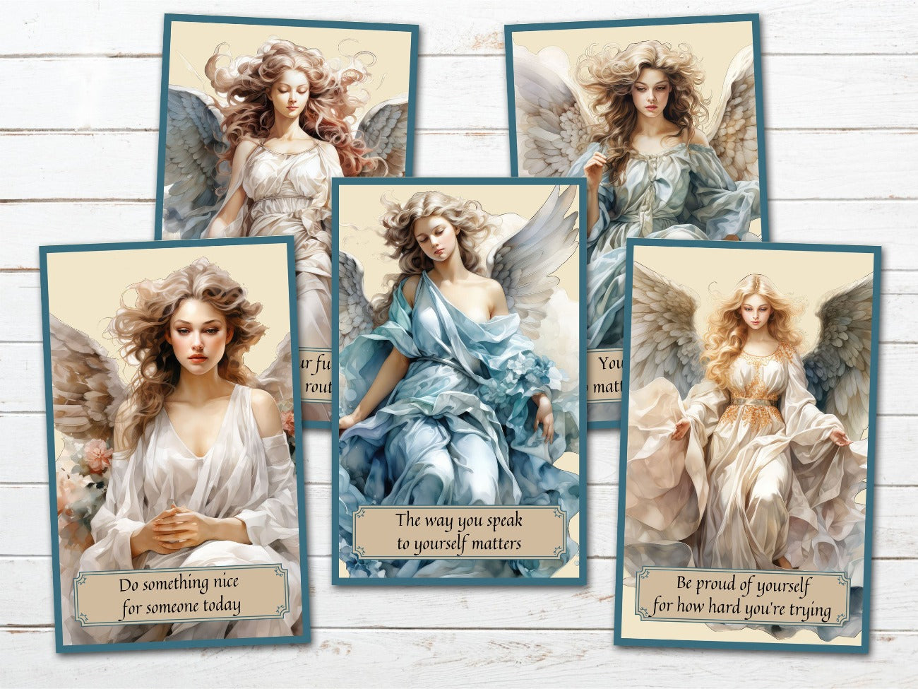 Angel Oracle Cards - A Divine Connection for Guidance, Close up image of 5 Angel Cards featuring beautiful angels with inspirational quotes - Morgana Magick Spell