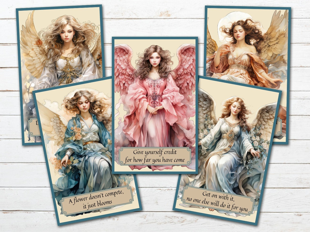 Angel Oracle Cards - A Divine Connection for Guidance, Close up image of 5 Angel Cards featuring beautiful angels with inspirational quotes - Morgana Magick Spell