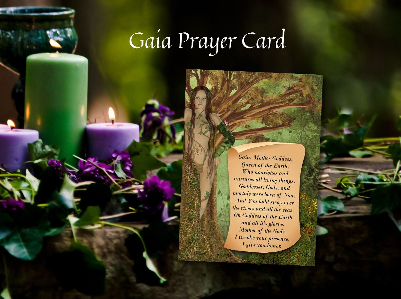 ALTAR PRAYER CARD – Gaia Mother Goddess card set on a Wiccan Altar - Morgana Magick Spell
