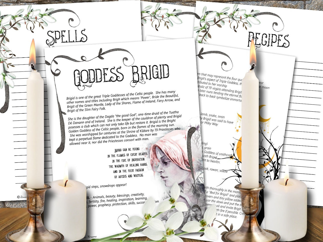 IMBOLC BUNDLE, Goddess Brigid 2 pages, and Blank Lined spells and recipes pages - Morgana Magick Spell