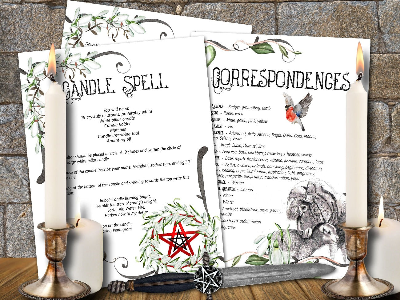IMBOLC BUNDLE, Candle Spell 2 pages and Imbolc Correspondences page - Morgana Magick Spell