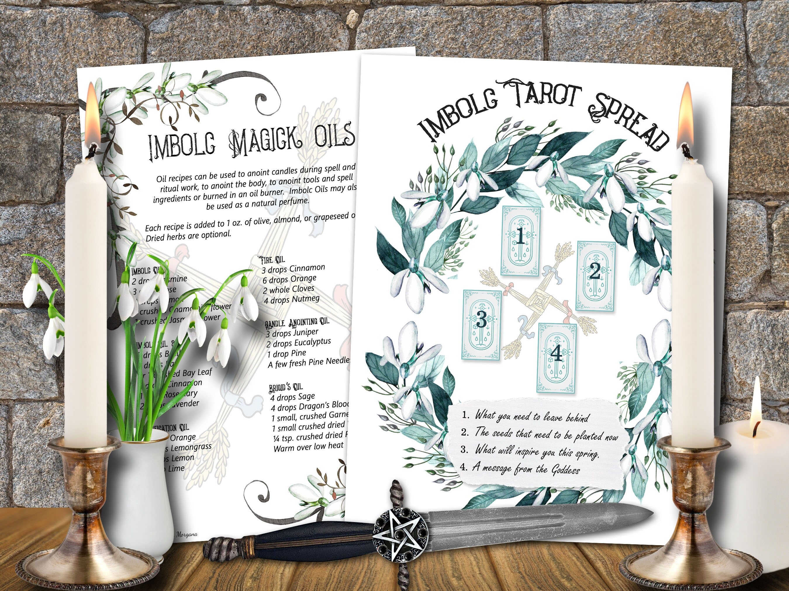 IMBOLC BUNDLE, Imbolc Magick Oils and Imbolc Tarot Spread pages - Morgana Magick Spell