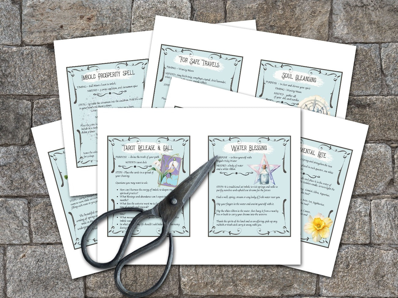 IMBOLC SPELL CARDS shown on five printable sheets with two cards per sheet - Morgana Magick Spell