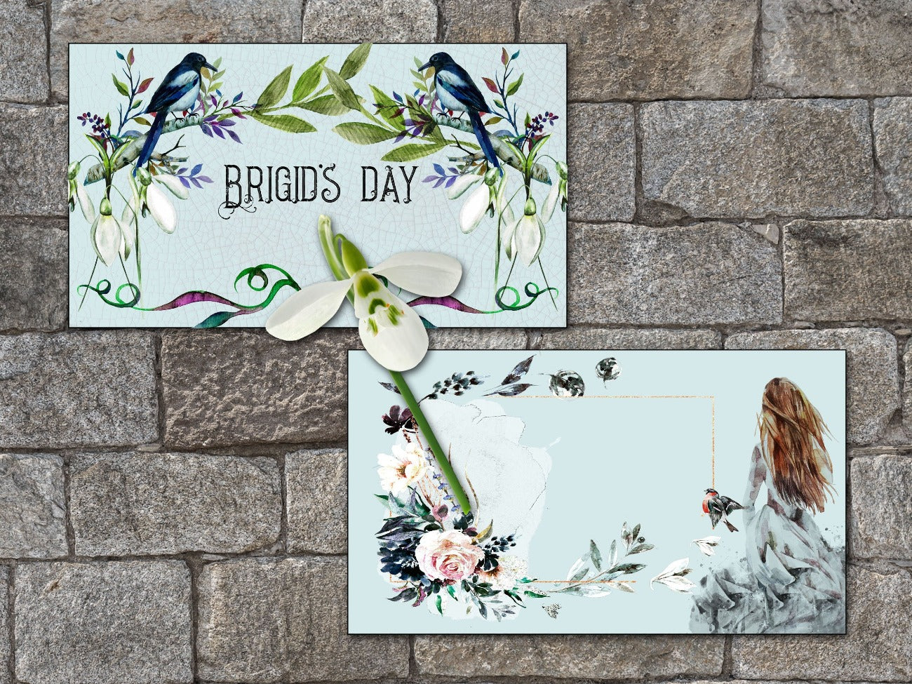 Two IMBOLC LABELS details, pale blue background, colorful scroll borders, snowdrop florals, red haired goddess, birch twigs and magpies - Morgana Magick Spell