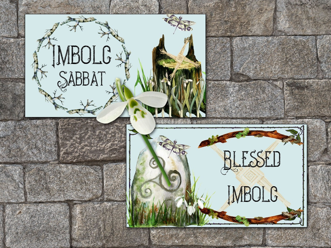 Two IMBOLC LABELS details, pale blue background, birch twig wreath, brigids cross, stump dragonfly and snowdrops, standing stone, blessed imbolc and imbolc sabbat text - Morgana Magick Spell