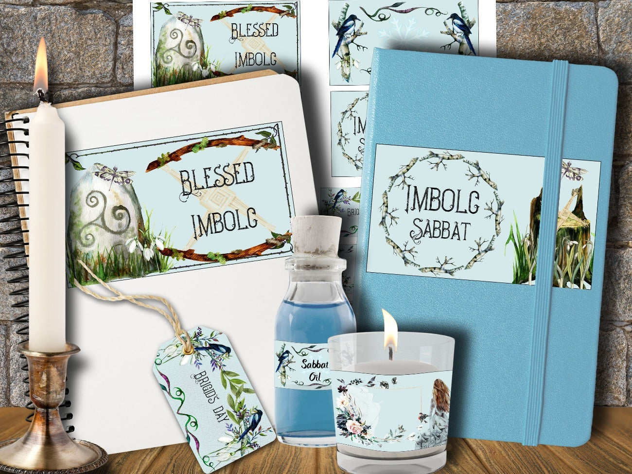 IMBOLC LABELS, 6 Sabbat Printables for Witchcraft Rituals & Spells, shown in use appled to journal cover, glass candle holder, potion bottle and gift tag - Morgana Magick Spell