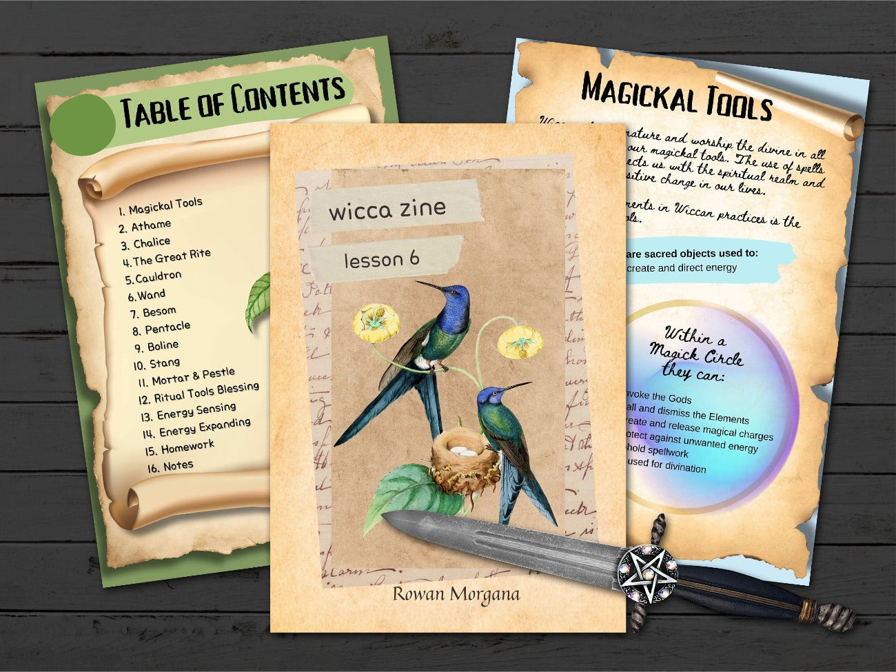 WICCA ZINE Lesson 6 - Table of Contents, Front Page and Magickal Tools overview pages - Morgana Magick Spell