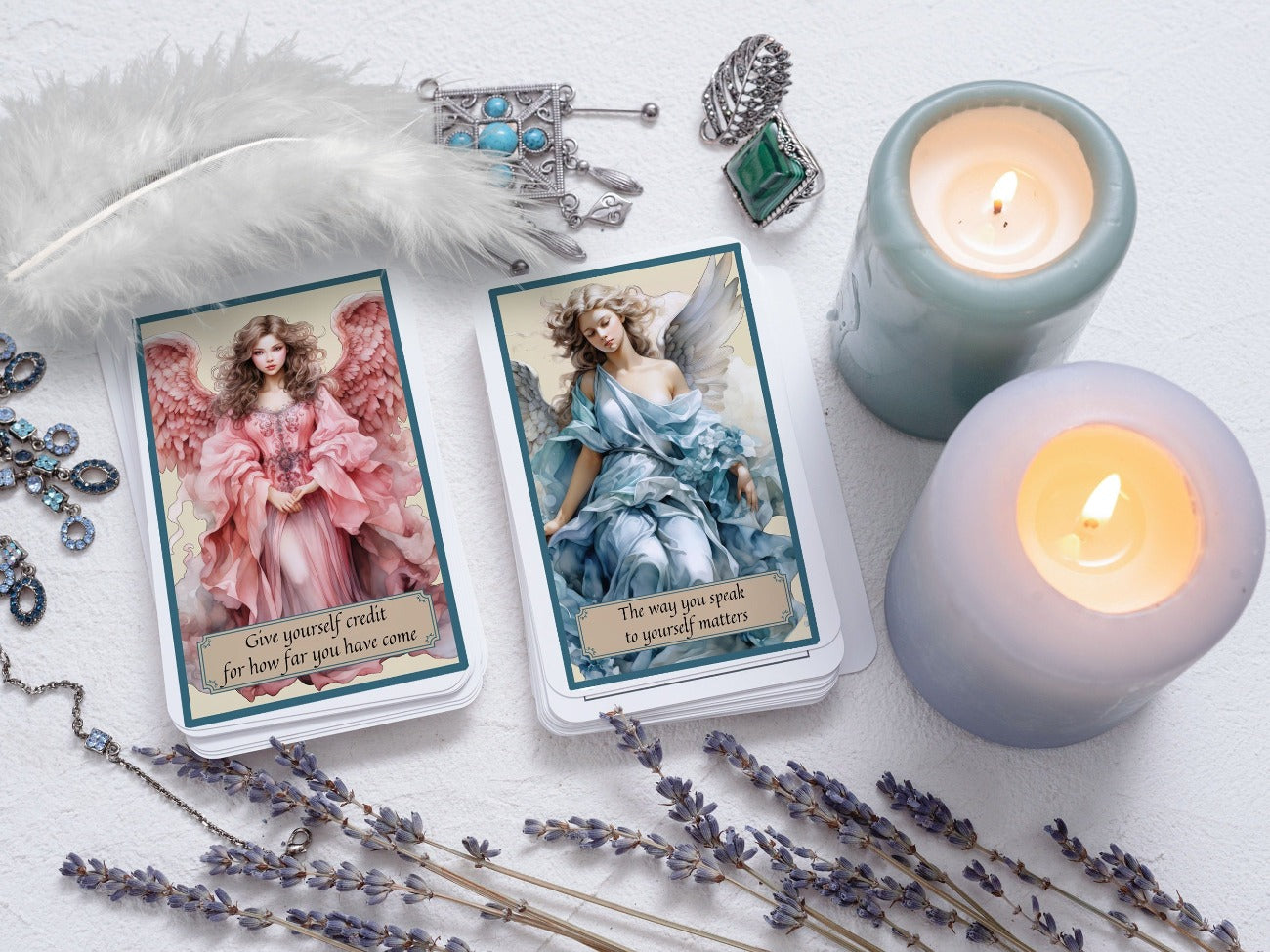 Angel Oracle Cards - A Divine Connection for Guidance, stacked angel cards shown on an Angle Altar with candles and a white feather - Morgana Magick Spell