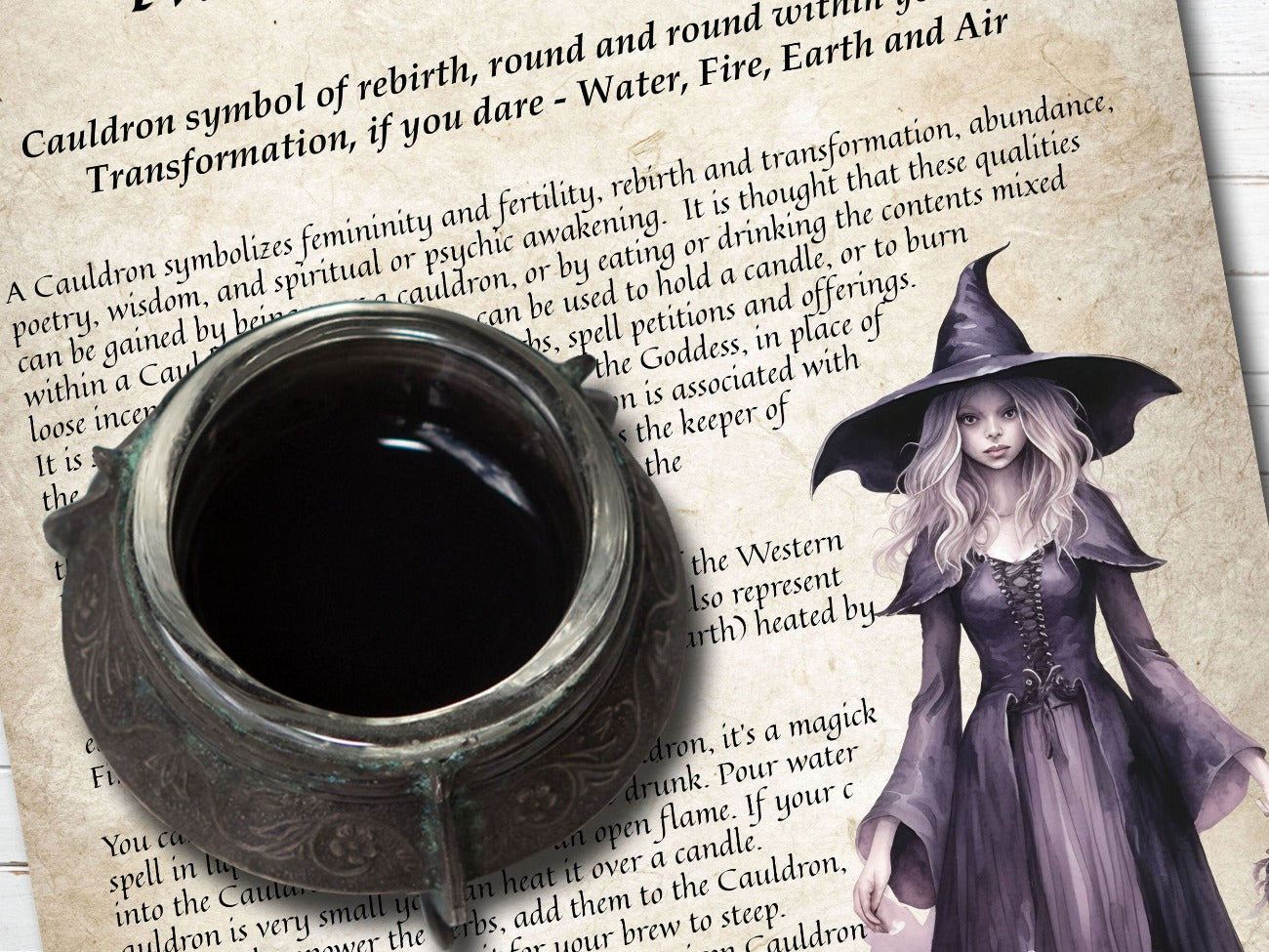 THE WITCHS CAULDRON, closeup of the parchment version, text and image of a witch and a cauldron - Morgana Magick Spell
