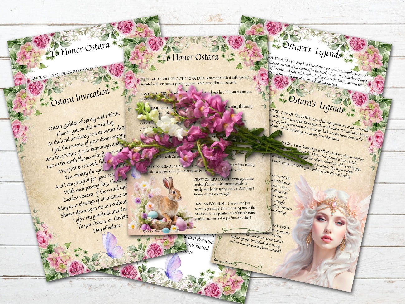 GODDESS OSTARA, Invocation, Legends and Honor Ostara pages shown with both the parchment and white backgrounds - Morgana Magick Spell