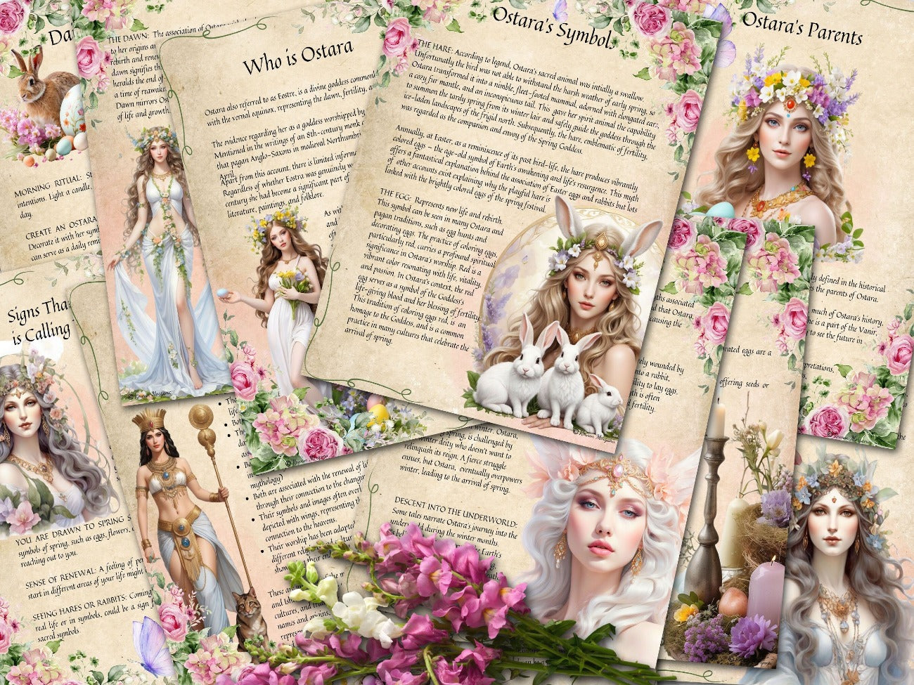 GODDESS OSTARA, 15 pages, shown with the optional parchment background - Morgana Magick Spell
