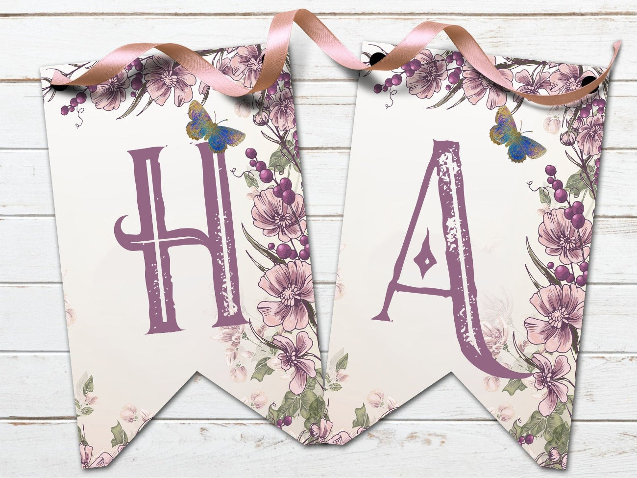 OSTARA BANNER, Printable Bunting, Ostara Sabbat Flags whimsical mauve letters H and A on a creamy pink background with a mauve and pink floral design - Morgana Magick Spell