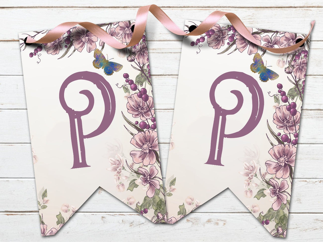OSTARA BANNER, Printable Bunting, Ostara Sabbat Flags whimsical mauve letters P and P on a creamy pink background with a mauve and pink floral design - Morgana Magick Spell