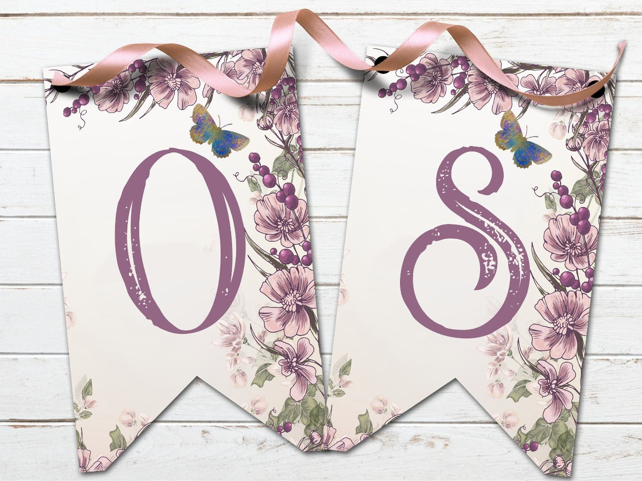 OSTARA BANNER, Printable Bunting, Ostara Sabbat Flags whimsical mauve letters O and S on a creamy pink background with a mauve and pink floral design - Morgana Magick Spell