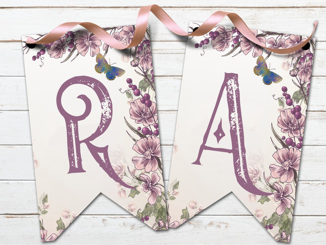 OSTARA BANNER, Printable Bunting, Ostara Sabbat Flags whimsical mauve letters R and A on a creamy pink background with a mauve and pink floral design - Morgana Magick Spell