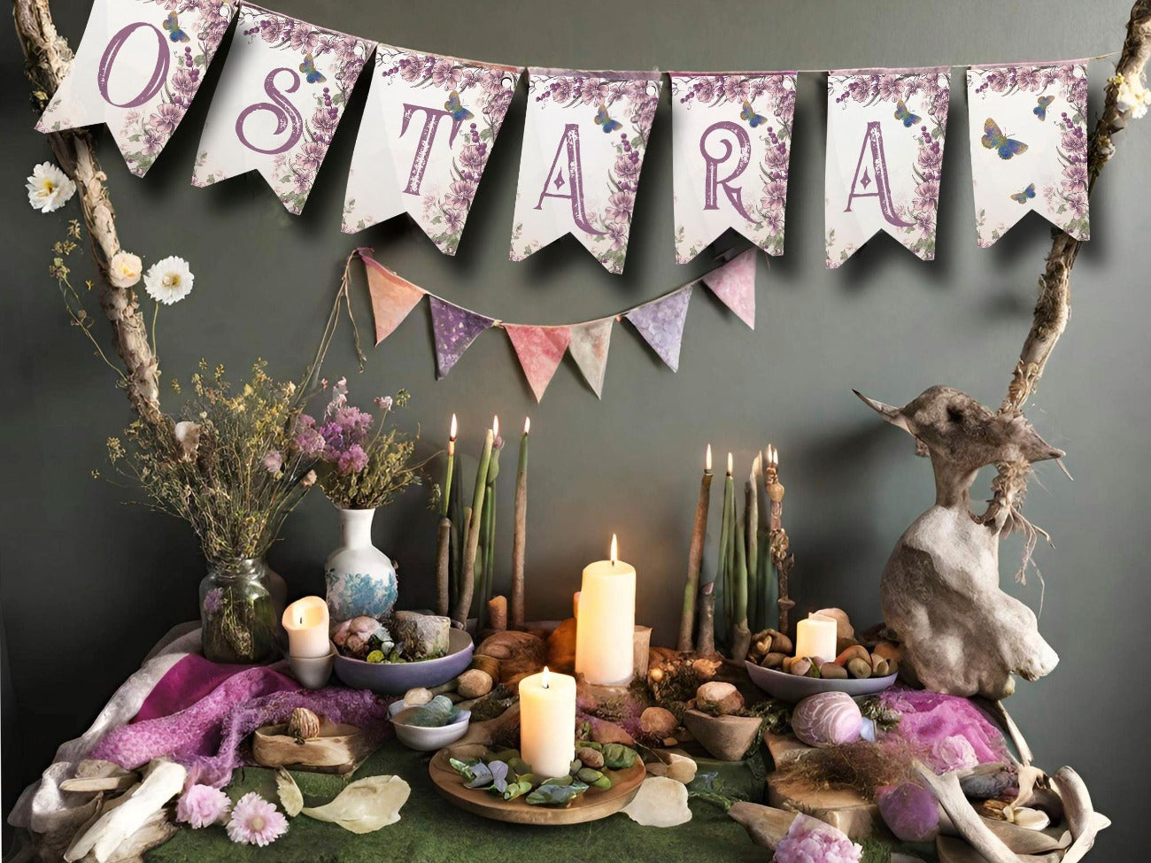 OSTARA BANNER, Printable Bunting, Ostara Sabbat Flags shown strung on two rustic branches on a pagan Wicca Altar - Morgana Magick Spell