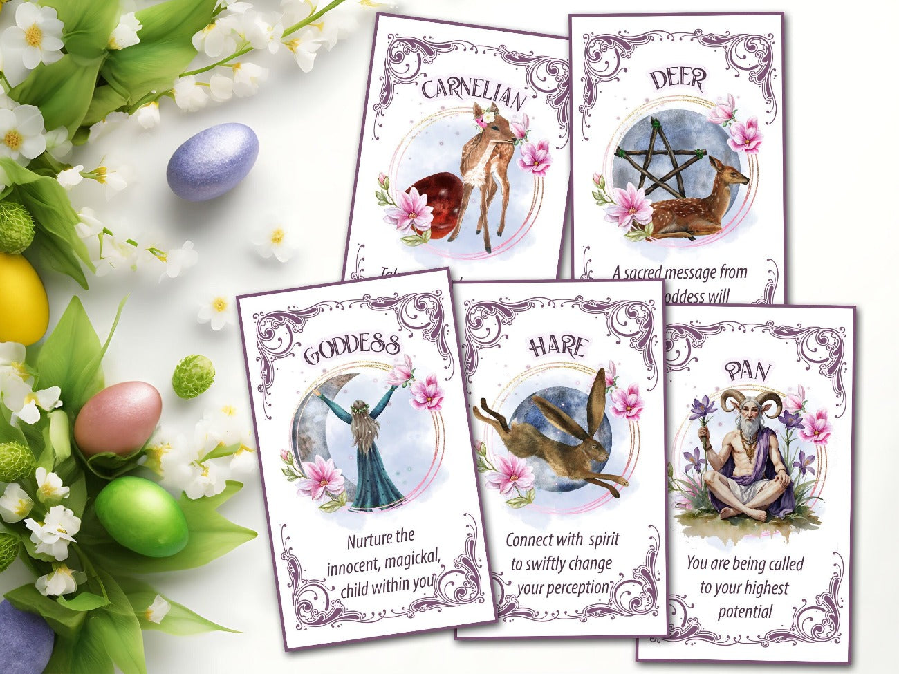 OSTARA ORACLE CARDS, Printable Tarot Messages, Carnelian, Deer, Goddess, Hare, and Pan cards - Morgana Magick Spell