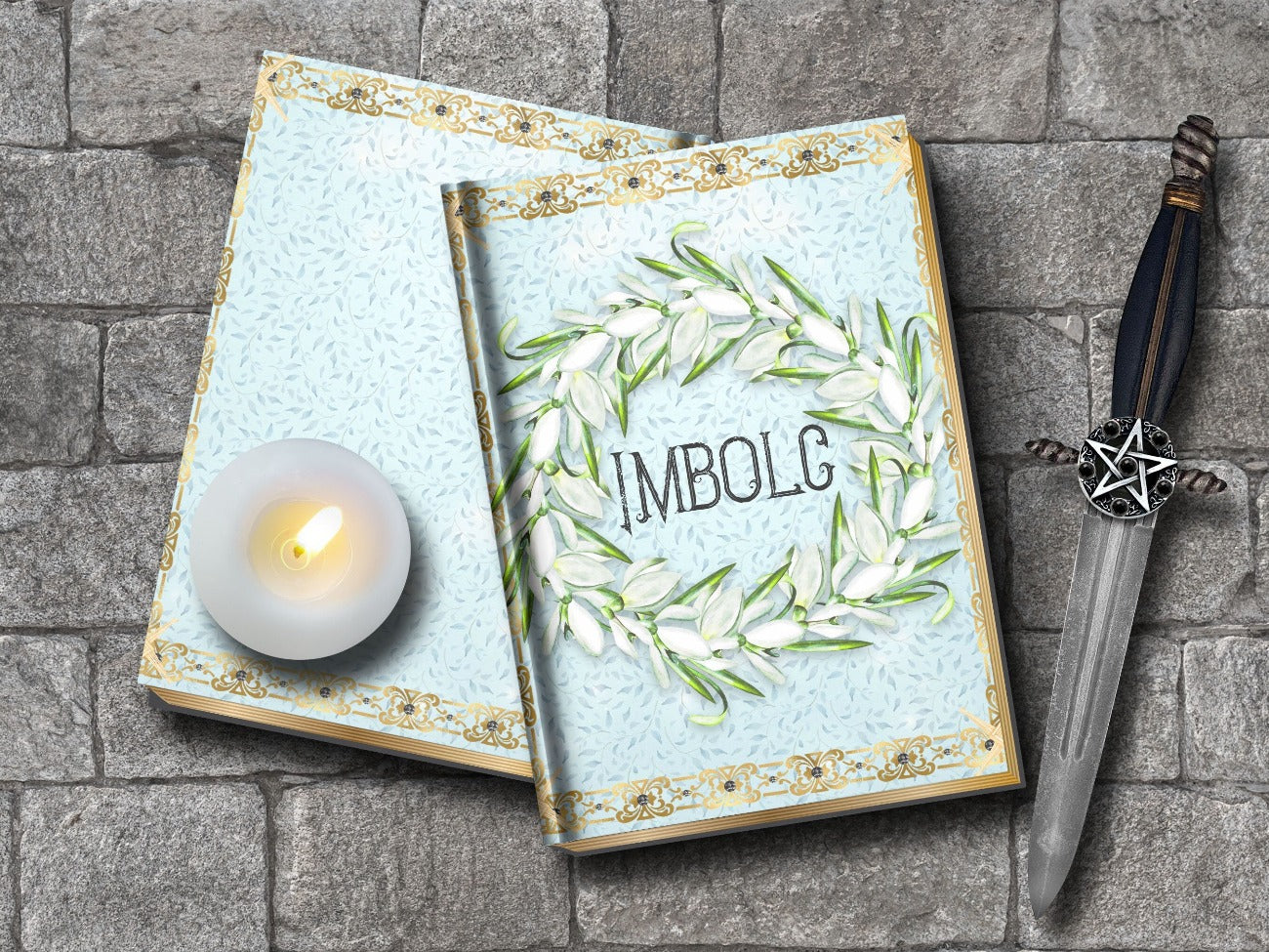 IMBOLC SPELL BOOK, Printable Cover for Book of Shadows displayed as it would look glued to a book, front and back are shown - Morgana Magick Spell