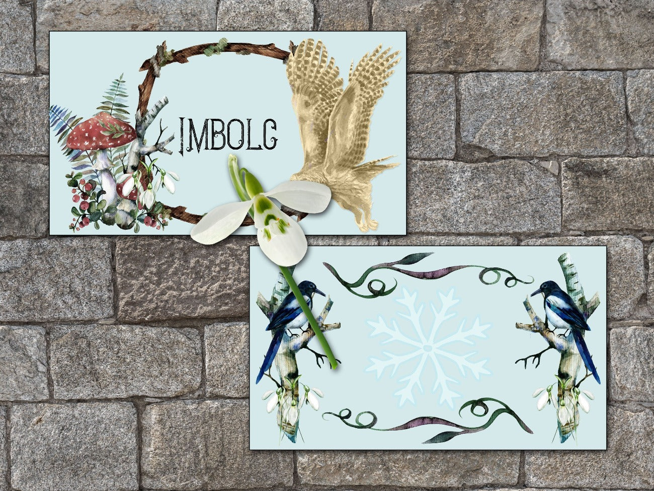 Two IMBOLC LABELS details, pale blue background, twig wreath, flying owl, toadstool, magpies on birch branches, - Morgana Magick Spell