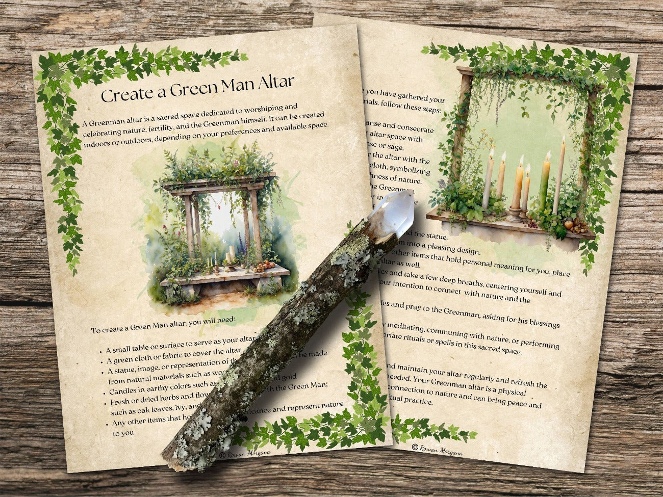 THE GREEN MAN, Parchment Background, Create a Green Man Altar, 2 pages with leafy green vine borders and fine art images of an outdoor and an indoor altar - Morgana Magick Spell