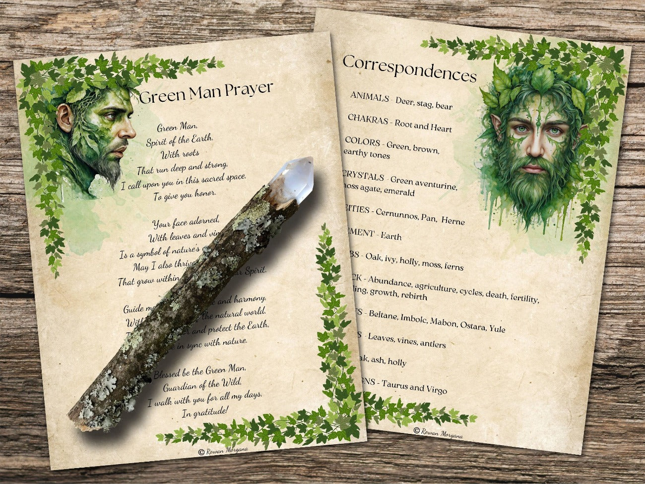 THE GREEN MAN, Parchment Background, Green Man Prayer and Green Man Magical Correspondences pages with leafy green vine borders and fine art images of the Green Man - Morgana Magick Spell
