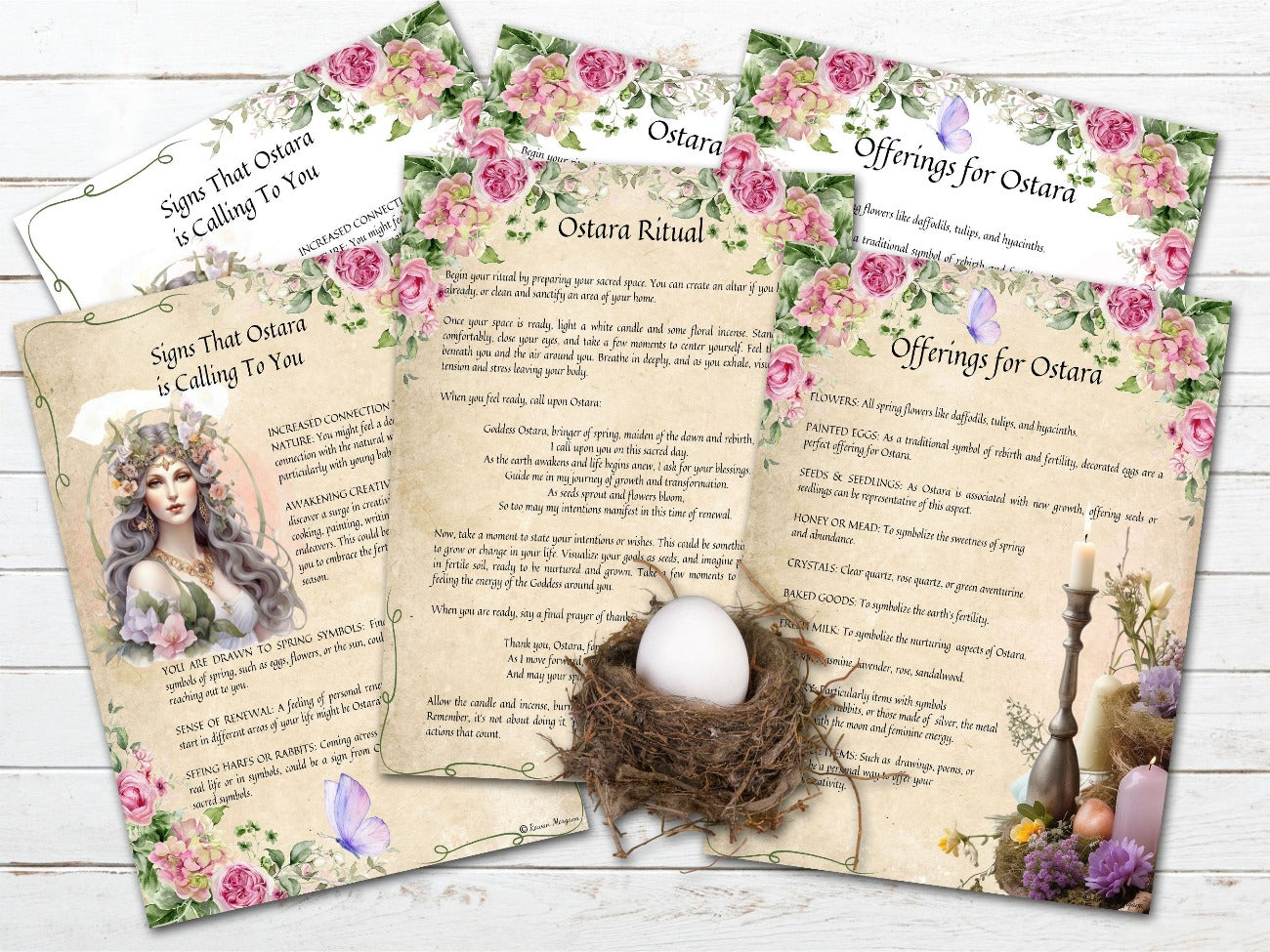 GODDESS OSTARA, Signs that Ostara is Calling to You, Ostara Ritual and Offerings for Ostara pages shown with both the parchment and white backgrounds - Morgana Magick Spell
