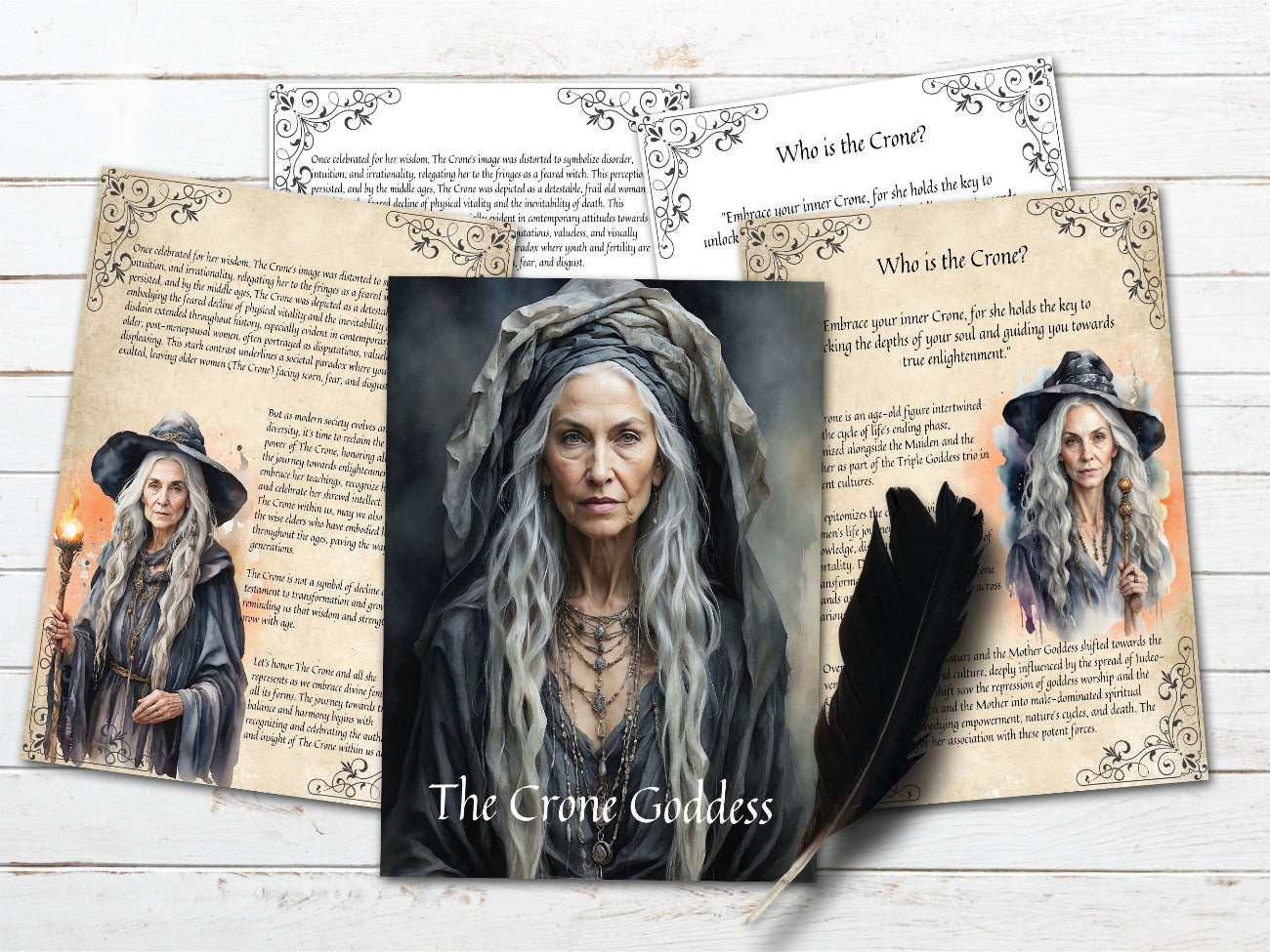 THE CRONE GODDESS, title page, and Who is the Crone pages shown with the optional parchment and white backgrounds. - Morgana Magick Spell