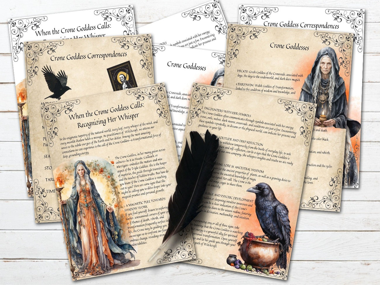 THE CRONE GODDESS, When the Goddess Calls 2 pages, Crone Correspondences, and List of Crone Goddesses, shown with the optional parchment and white backgrounds - Morgana Magick Spell