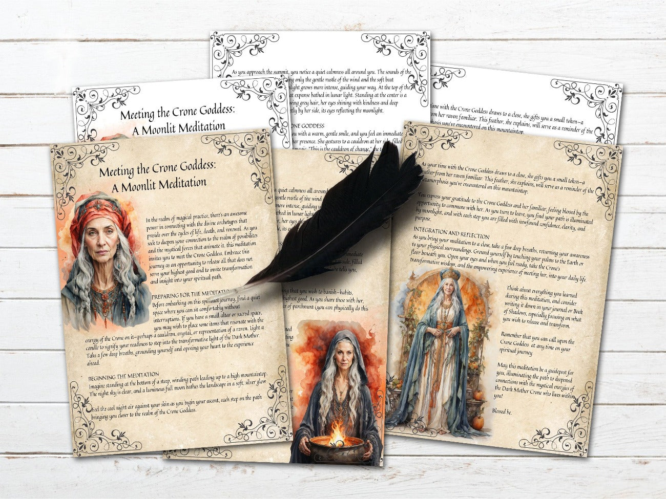 THE CRONE GODDESS, Meeting the Crone Meditation three pages, shown with the optional parchment and white backgrounds - Morgana Magick Spell